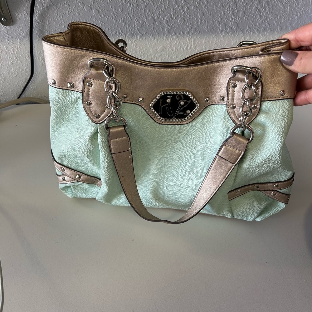Kathy Van Zeeland Mint and Gold Shoulder Bag